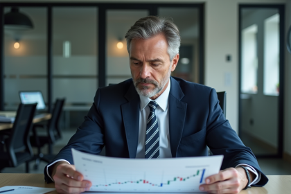 Homme d'affaires en costume analysant un graphique financier