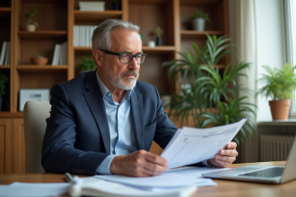 Homme d'affaires en costume lisant des documents fiscaux