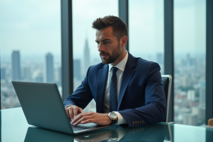 Homme d'affaires en costume navy dans un bureau moderne