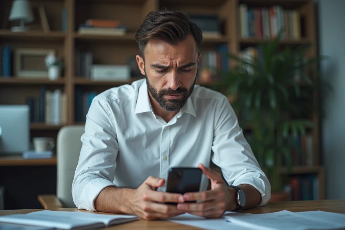 Homme méfiant examinant un appel entrant inconnu sur son smartphone dans un bureau à domicile