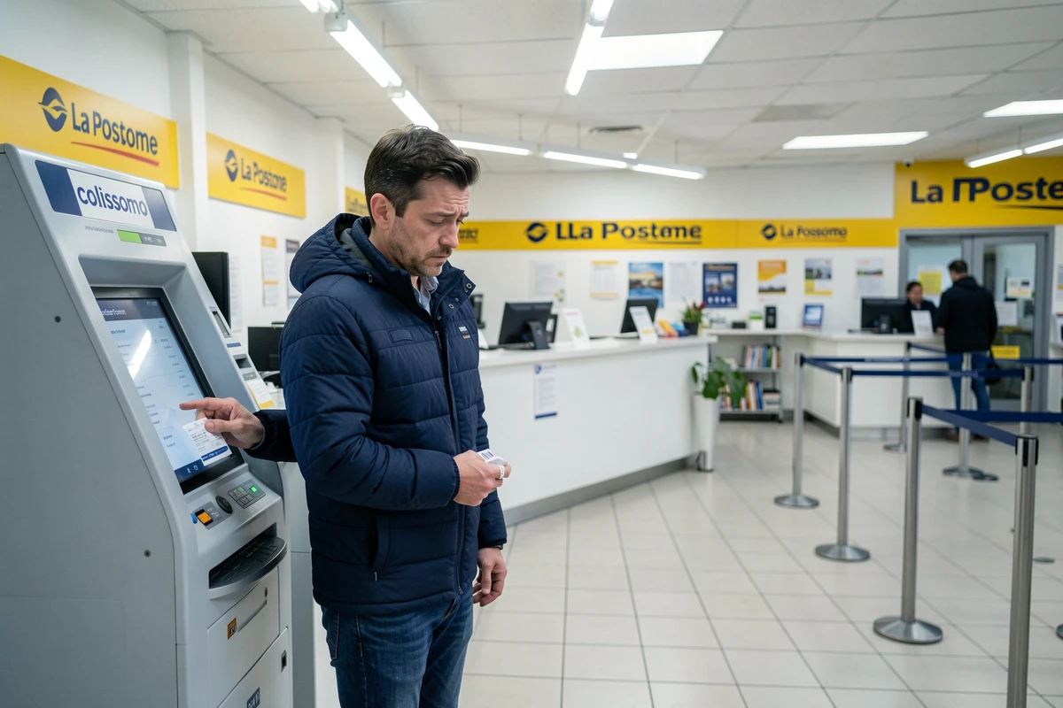 Homme utilisant une borne Colissimo à La Poste avec un bordereau d'envoi à la main