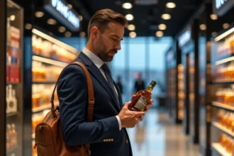 Homme en blazer marine examinant une bouteille de whisky Scotch en boutique duty-free d'aéroport, rayonnages éclairés en arrière-plan