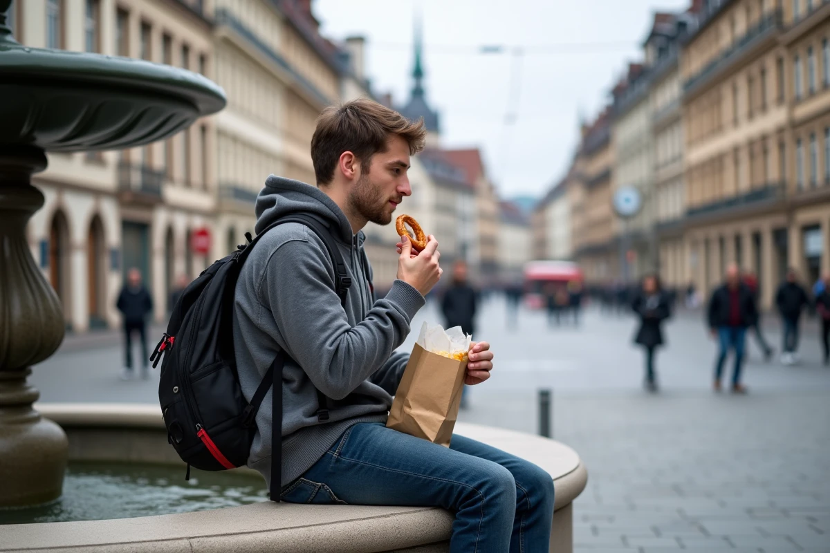 Homme mangeant un bretzel alsacien sur la place Kléber à Strasbourg en centre-ville