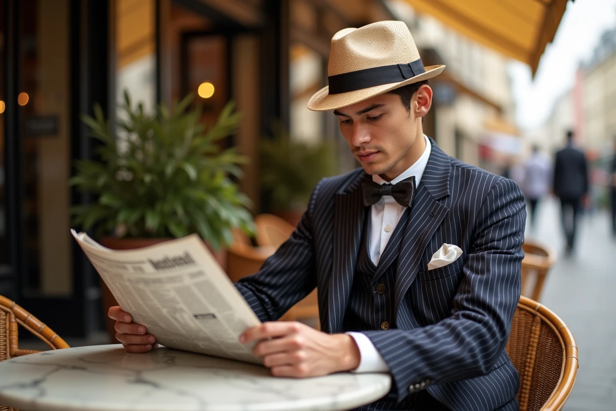 Homme élégant lisant un journal dans un café parisien des années 1920