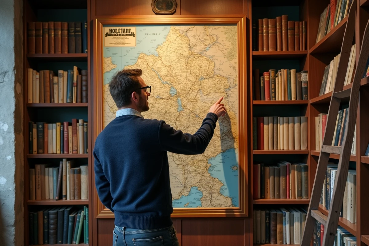 Homme consultant une carte de Belgique dans une librairie pour trouver une ville belge en 4 lettres