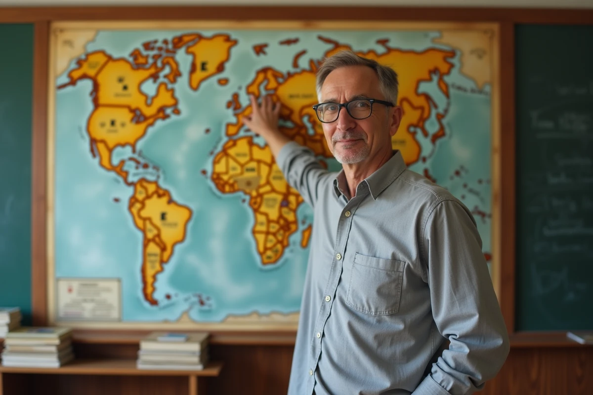 Homme devant une carte du monde en classe pointant une capitale commençant par la lettre E