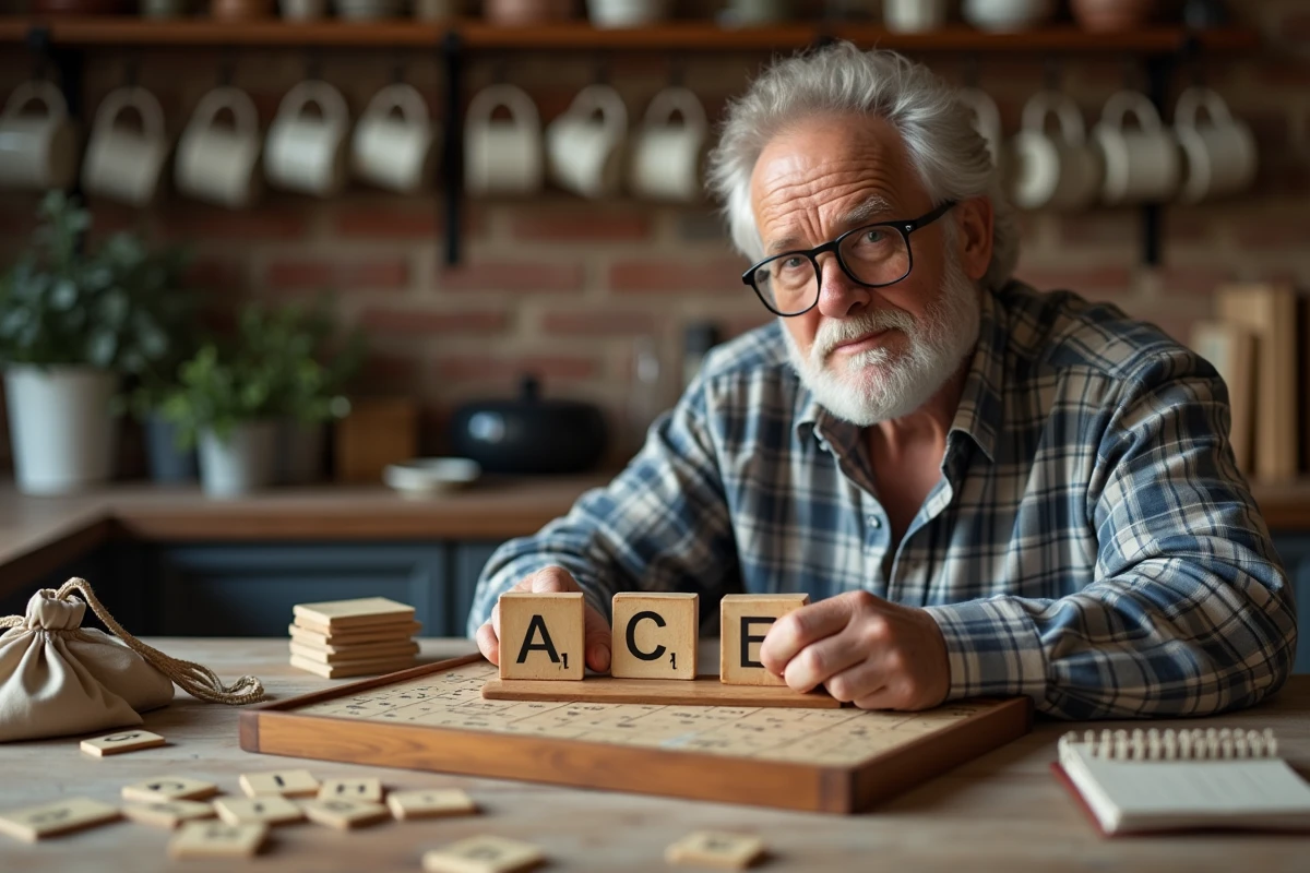 Homme tenant un chevalet Scrabble avec les lettres A, C, E dans une cuisine rustique