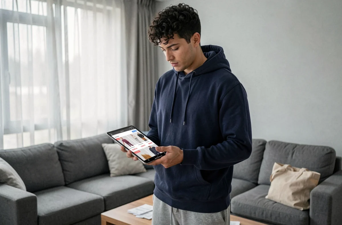 Homme consultant une interface de comparaison de sites shopping sur tablette dans un salon moderne