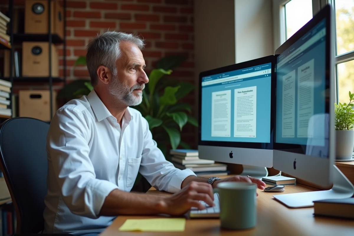 Homme comparant des alternatives légales à 1001ebook sur un ordinateur de bureau à domicile en 2026