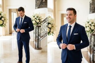 Homme en costume navy élégant pour un mariage chic