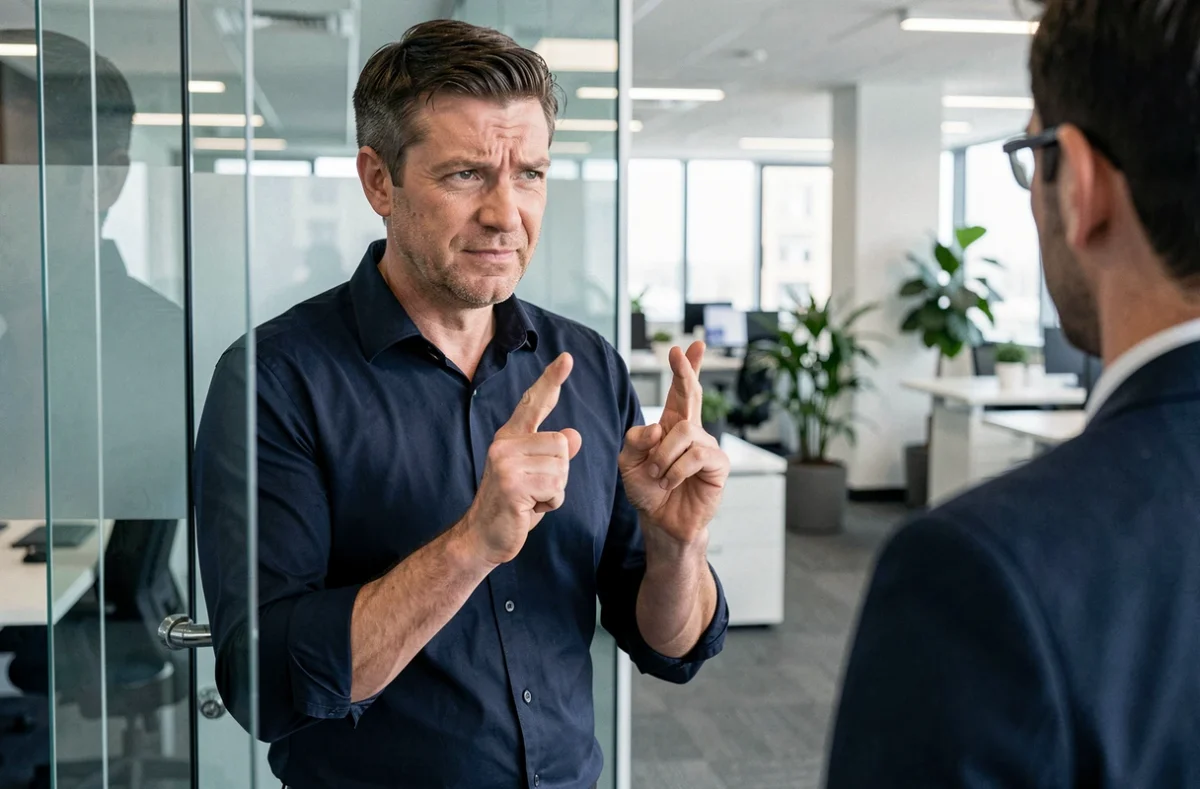 Homme d'affaires croisant les doigts au bureau, illustrant le langage non verbal en milieu professionnel