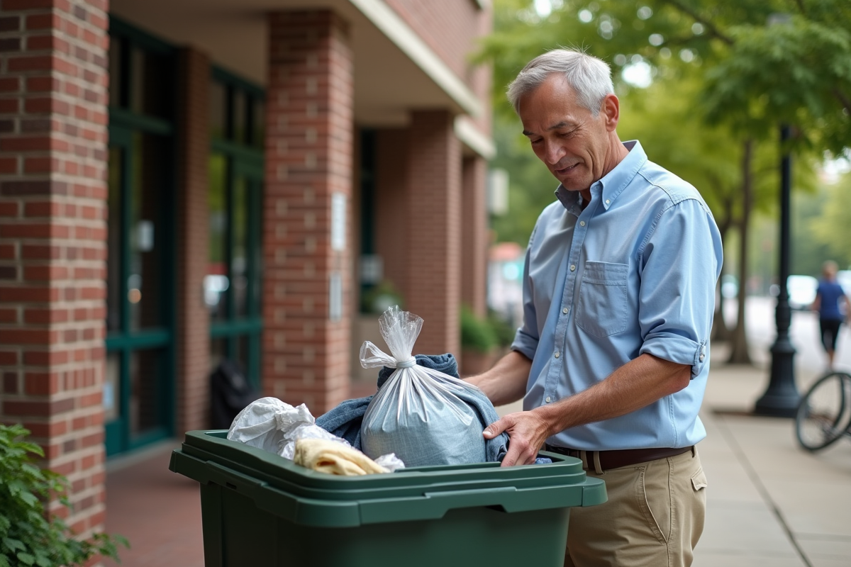 Homme déposant un sac de vêtements dans une borne de don