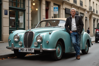 Homme français debout près d'une voiture étrange à Paris