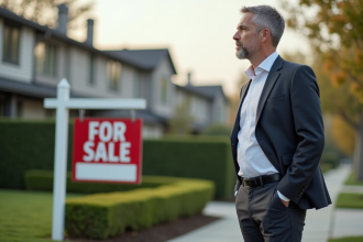 Homme d'affaires pensif devant une maison en banlieue