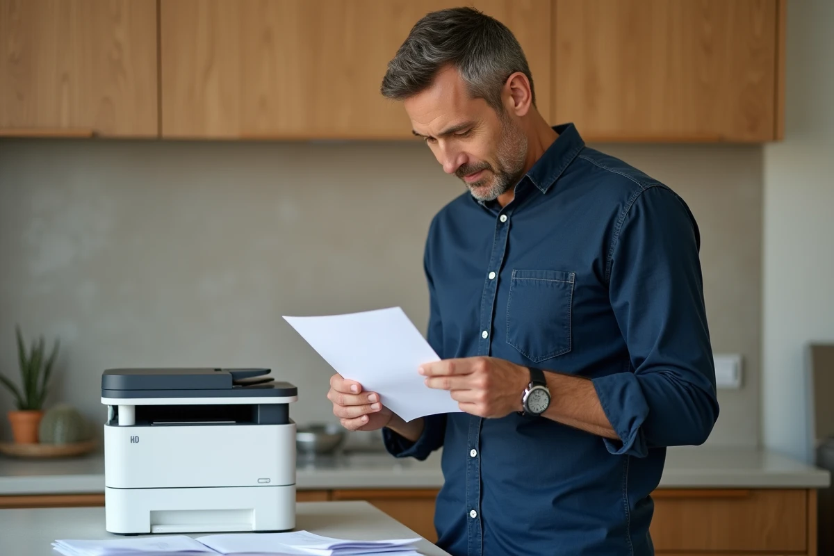 Homme lisant une lettre professionnelle imprimée générée en ligne dans une cuisine moderne