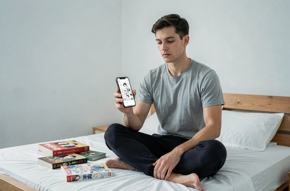 Jeune homme lisant un scan manga yaoi sur smartphone dans une chambre minimaliste avec des volumes manga éparpillés