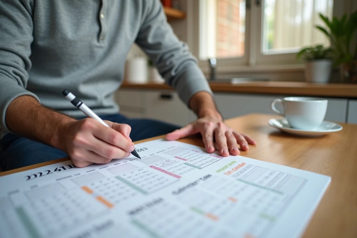 Homme marquant les semaines paires et impaires sur un calendrier 2026 à la cuisine avec deux stylos de couleur