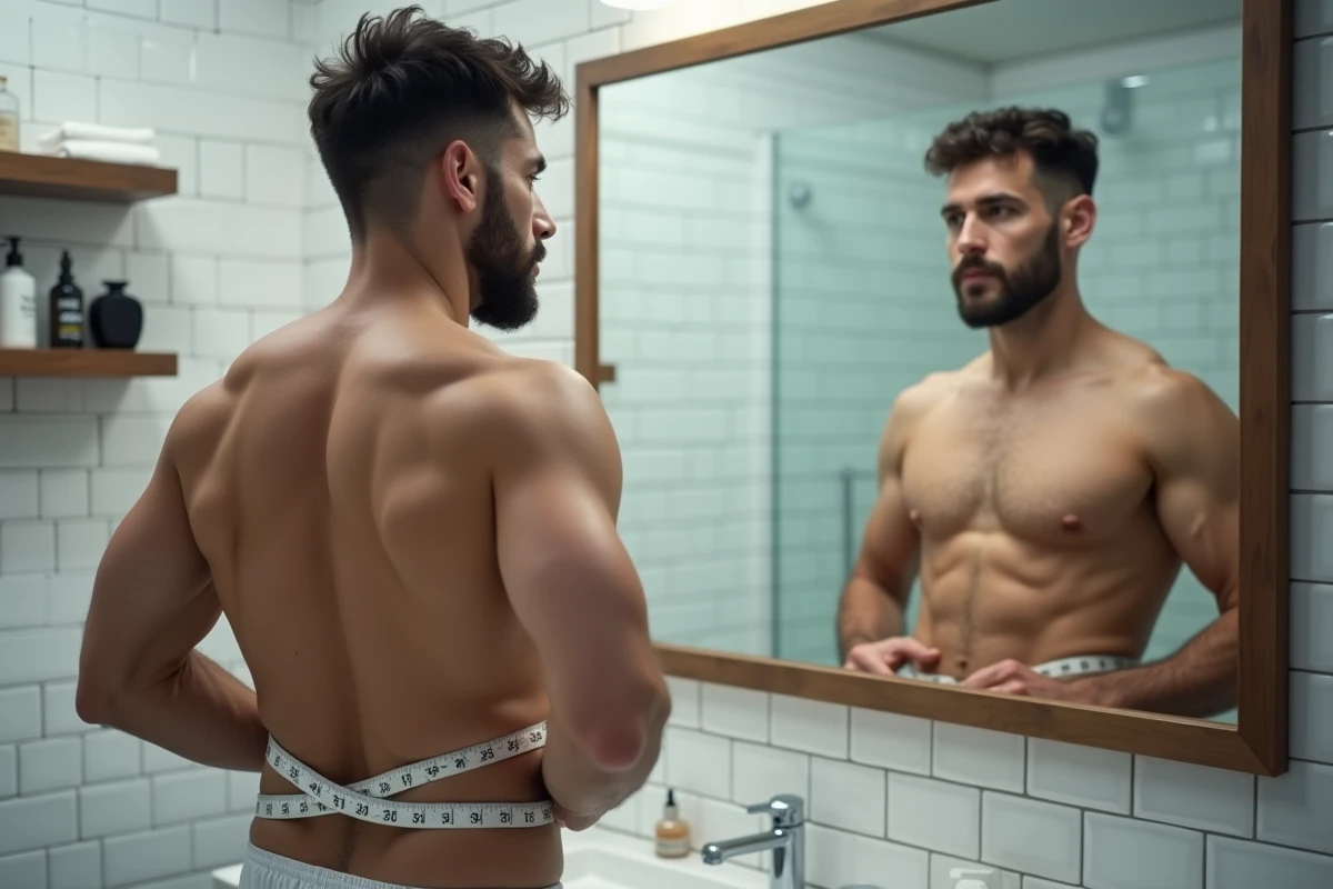 Homme mesurant son tour de taille devant un miroir de salle de bain pour suivre les résultats de son régime