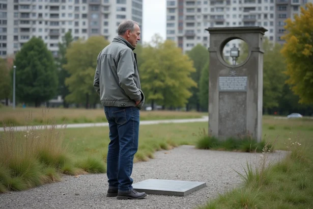 Homme d'âge moyen devant un mémorial à Berlin