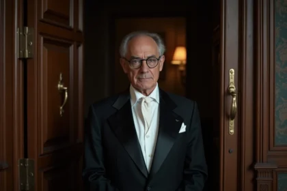 Portrait d'un homme d'âge moyen en costume noir devant une porte en bois