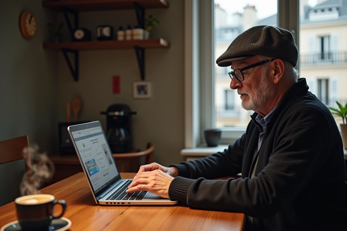 Homme âgé consultant le site RATP sur son ordinateur à la maison