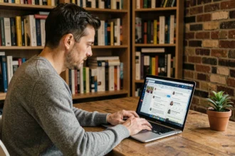 Homme consultant une plateforme de partage de contenu alternatif sur son ordinateur portable dans un bureau à domicile