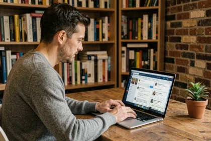 Homme consultant une plateforme de partage de contenu alternatif sur son ordinateur portable dans un bureau à domicile