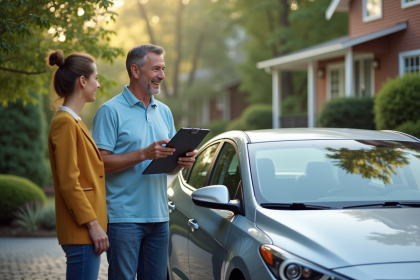 Homme souriant avec voiture hybride en extérieur