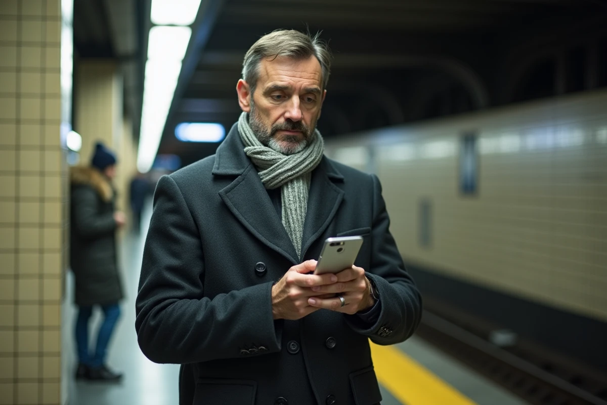 Homme consultant le programme TV Télé Z numérique sur smartphone dans le métro