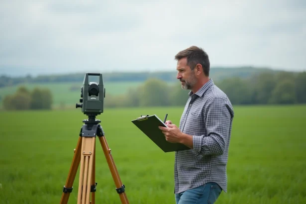 Homme d'âge moyen dans un champ vert avec un tripod de géomètre