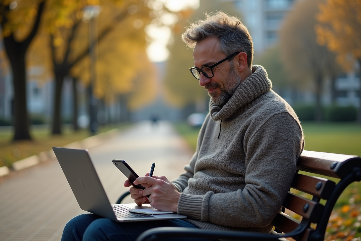 Homme travaillant sur son ordinateur en plein air dans un parc