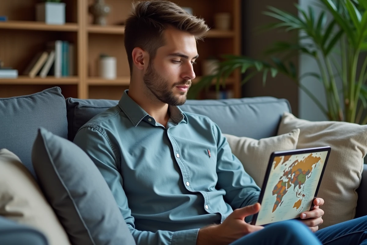 Jeune homme étudiant une carte du monde sur tablette