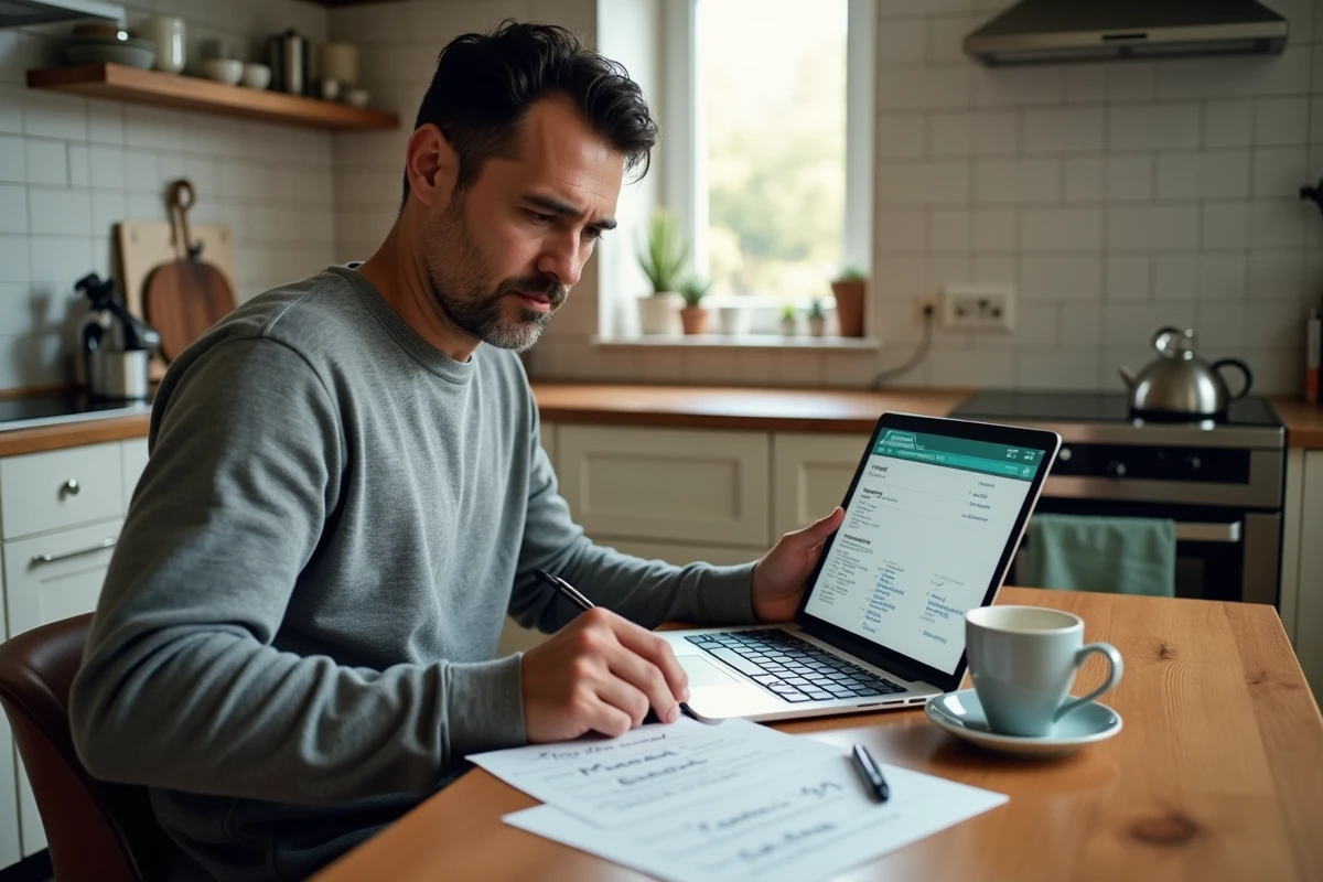 Homme comparant des adresses en ligne sur un ordinateur portable avec des notes manuscrites pour filtrer les informations incorrectes