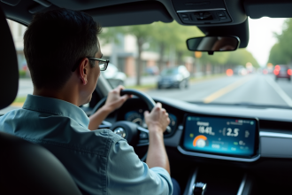 Homme d'âge moyen dans une voiture moderne avec tableau de bord ADAS