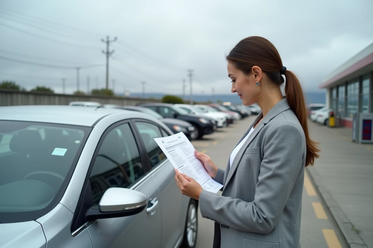 Femme inspectant une voiture d'occasion dans un parking de concessionnaire avec une liste de vérification