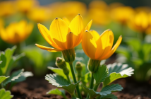 Jardin avec fleurs de courgette en plein soleil matin