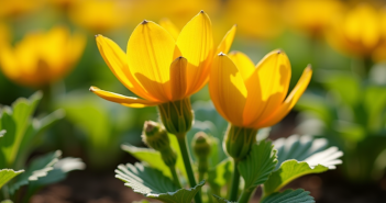 Jardin avec fleurs de courgette en plein soleil matin