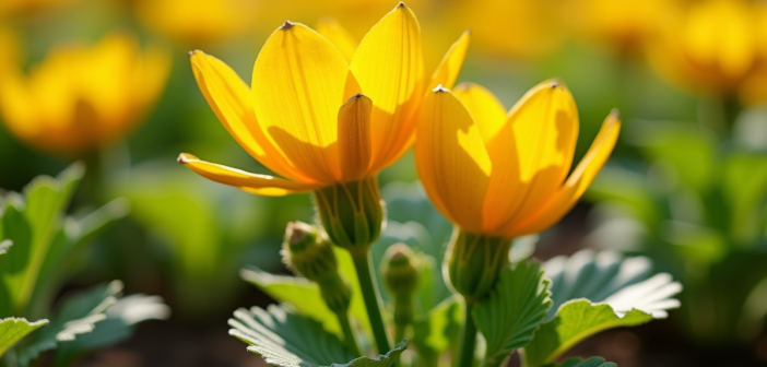 Jardin avec fleurs de courgette en plein soleil matin