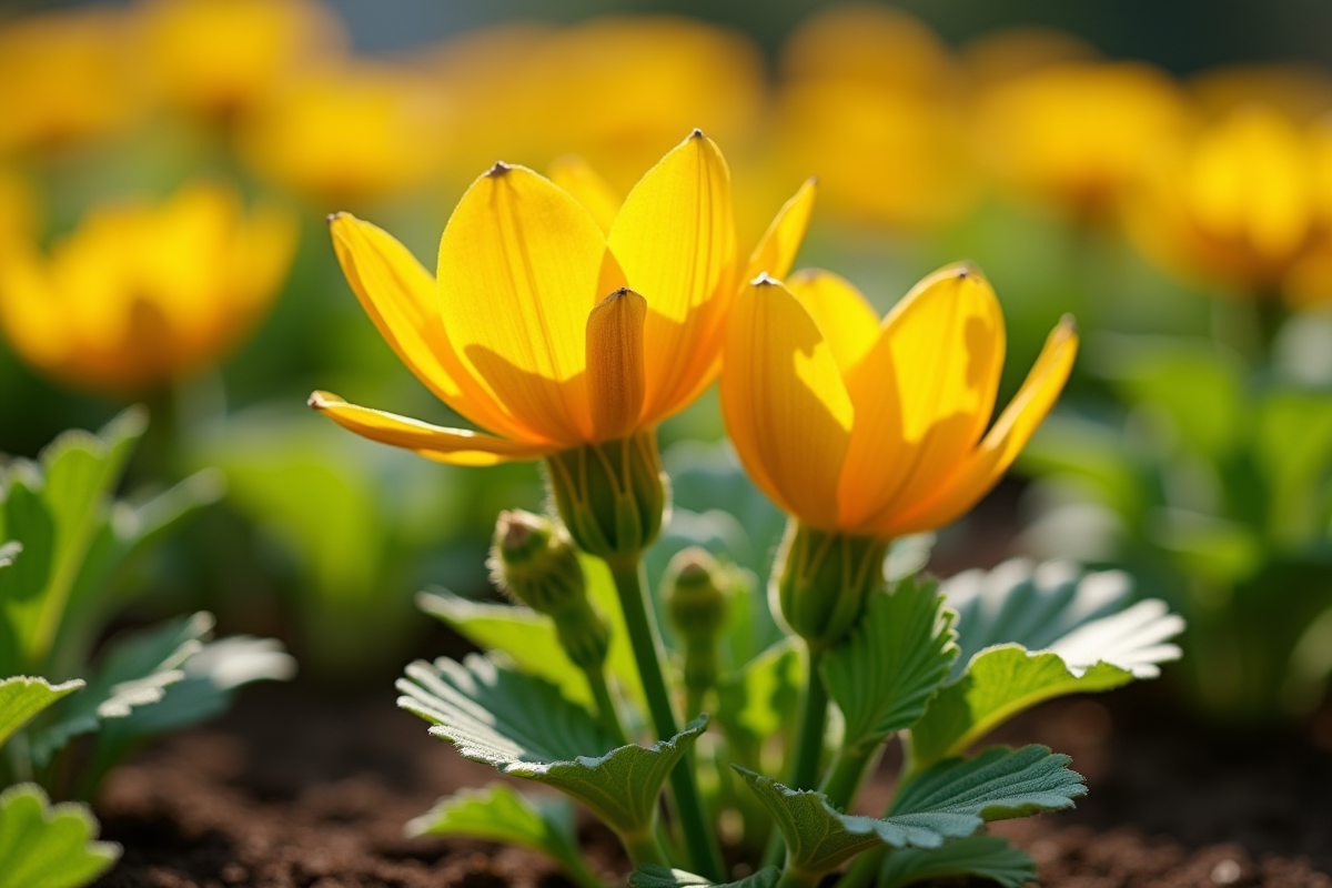 Jardin avec fleurs de courgette en plein soleil matin