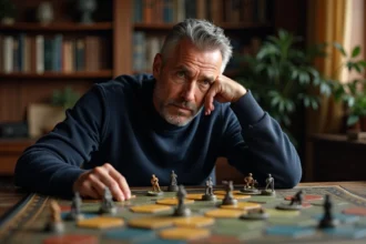 Homme concentré analysant un jeu de stratégie de guerre sur table avec des figurines militaires miniatures