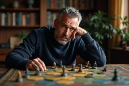Homme concentré analysant un jeu de stratégie de guerre sur table avec des figurines militaires miniatures