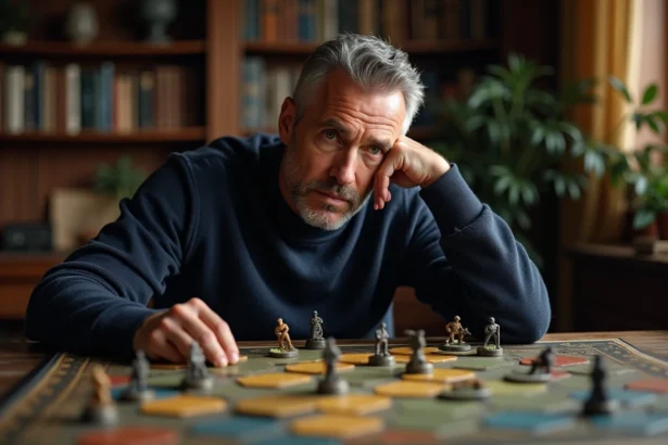Homme concentré analysant un jeu de stratégie de guerre sur table avec des figurines militaires miniatures