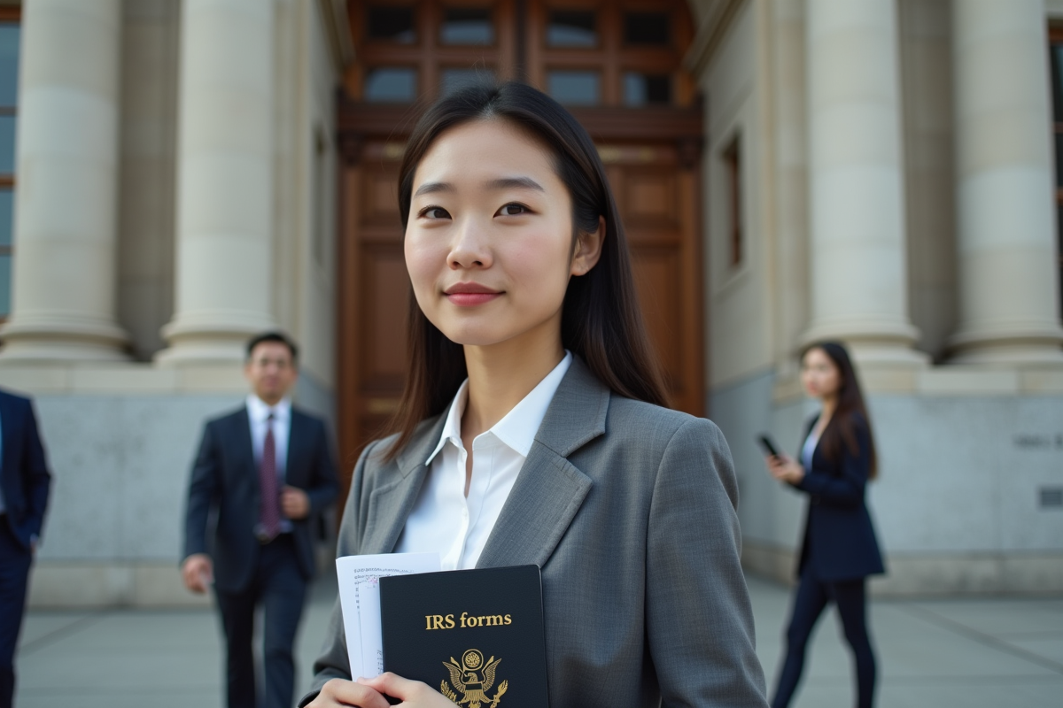 Jeune diplomate asiatique devant un bâtiment officiel