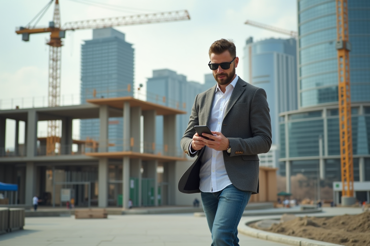 Jeune entrepreneur devant un chantier moderne