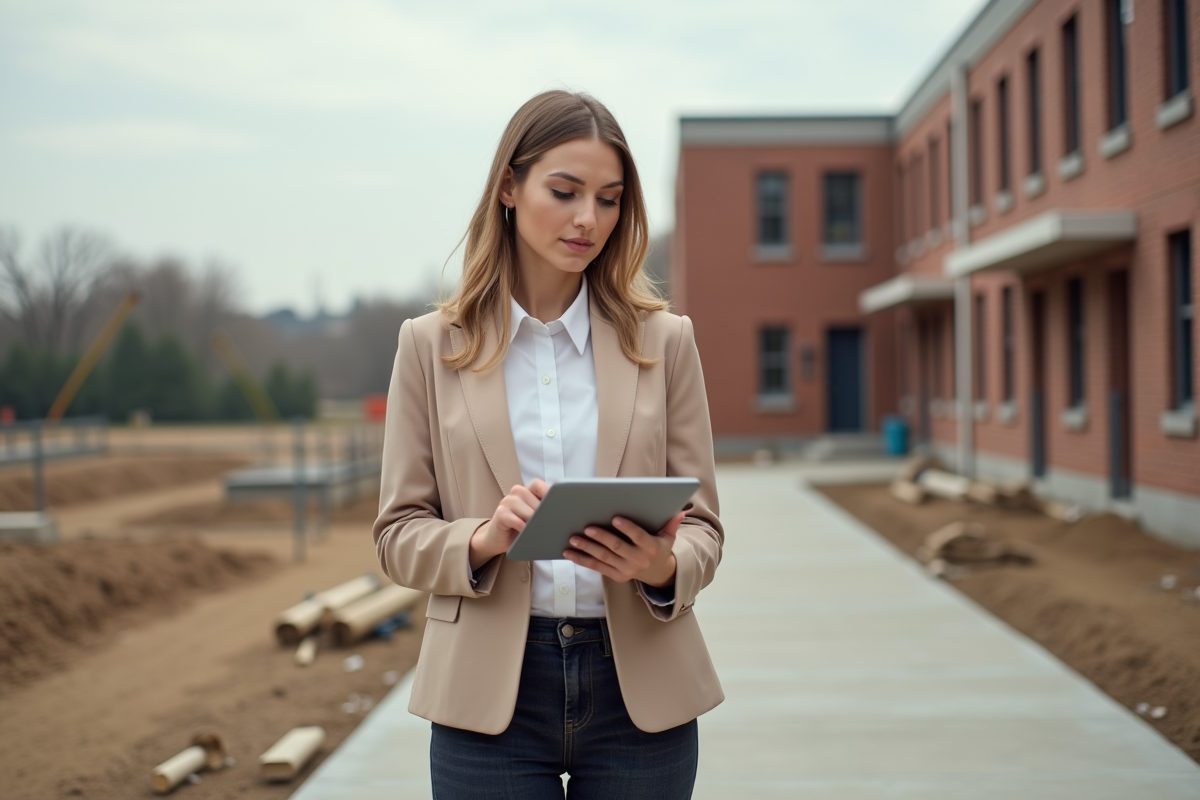 Jeune femme gestionnaire sur site de construction d ecole