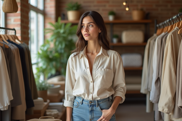 Jeune femme en tenue écologique dans une boutique naturelle