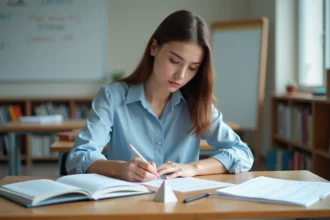 Jeune femme étudiante concentrée avec modèle pyramide et cahier