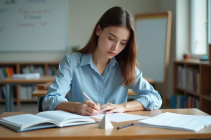 Jeune femme étudiante concentrée avec modèle pyramide et cahier