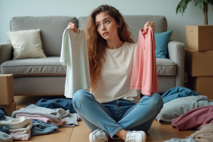 Jeune femme conflictuelle avec vêtements fast fashion