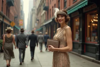 Jeune femme en robe flapper vintage dans la ville des années 1920